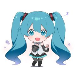 1girl, :d, bangs, black legwear, black skirt, blue eyes, blue hair, blue neckwear, chibi, collared shirt, commentary request, detached sleeves, eighth note, eyebrows visible through hair, fhang, flower, full body, grey sleeves, hair between eyes, hatsune miku, hatsune miku (nt), long hair, long sleeves, looking at viewer, musical note, open mouth, pleated skirt, purple flower, shadow, shirt, sidelocks, skirt, sleeveless, sleeveless shirt, smile, solo, thighhighs, very long hair, vocaloid, white background, white shirt, wide sleeves