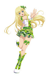 Rule 34 | 1girl, absurdres, arm garter, blonde hair, blue eyes, boots, bow, colette brunel, cosplay, frilled legwear, green bow, green footwear, green skirt, hair bow, hair ornament, highres, hoshii miki, hoshii miki (cosplay), idol, idolmaster, idolmaster (classic), bridal garter, long hair, looking at viewer, official alternate costume, official art, open mouth, outstretched arm, plaid, plaid skirt, simple background, skirt, sleeveless, smile, solo, tales of (series), tales of link, tales of symphonia, white background, wrist cuffs