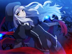 Rule 34 | 1girl, caren hortensia, dutch angle, fate/hollow ataraxia, fate (series), female focus, grey hair, hat, layered sleeves, long hair, looking at viewer, night, pantyhose, solo, thighband pantyhose, thighhighs, thighhighs over pantyhose, thighhighs under pantyhose, tukno, white hair, yellow eyes