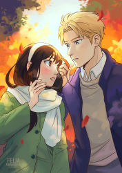 Rule 34 | 1boy, 1girl, absurdres, artist name, autumn, autumn leaves, black hair, blonde hair, blue eyes, blue jacket, blush, brown cardigan, cardigan, coat, collared shirt, falling leaves, felia hanakata, green coat, grey pants, hairband, highres, holding, holding leaf, husband and wife, jacket, leaf, long hair, looking at another, outdoors, pants, parted lips, red eyes, scarf, shirt, short hair, sidelocks, spy x family, twilight (spy x family), upper body, white hairband, white scarf, white shirt, wide-eyed, yor briar