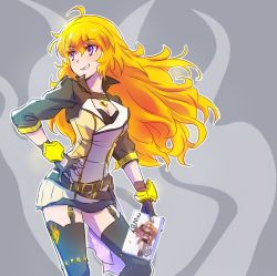 Rule 34 | 1girl, ahoge, blonde hair, breasts, cleavage, comic, commentary request, copyright name, garter straps, grin, jewelry, necklace, promotions (meme), prosthesis, prosthetic arm, purple eyes, rwby, skirt, smile, solo, standing, thighhighs, yang xiao long