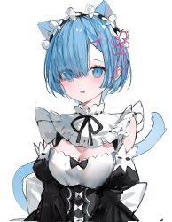 Rule 34 | 1girl, animal ears, back bow, black bow, black bowtie, black dress, black hairband, blue eyes, blue hair, blush, bow, bowtie, breasts, buttons, cat ears, cat tail, commentary, detached sleeves, dress, eyes visible through hair, flower, hair between eyes, hair flower, hair ornament, hair over one eye, hair ribbon, hairband, highres, juliet sleeves, kemonomimi mode, long sleeves, looking to the side, maid, medium breasts, open mouth, pink ribbon, puffy sleeves, re:zero kara hajimeru isekai seikatsu, rem (re:zero), ribbon, roswaal mansion maid uniform, short hair, simple background, smile, solo, standing, suashi, tail, white background, white bow, white flower, wide sleeves, x hair ornament