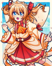 Rule 34 | 1girl, 1jumangoku, ascot, blonde hair, blue eyes, bow, collared shirt, commentary, cowboy shot, fang, flat chest, hair ribbon, hand up, juliet sleeves, long sleeves, maid headdress, open mouth, orange ascot, puffy sleeves, red ribbon, red skirt, ribbon, shirt, skirt, smile, solo, sunny milk, thighhighs, touhou, two side up, white bow, white shirt, white thighhighs, wings