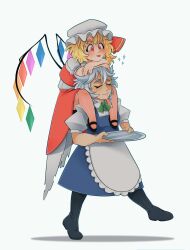 Rule 34 | 2girls, apron, black footwear, blue skirt, blue vest, boots, carrying, carrying person, closed eyes, closed mouth, collared shirt, crossed arms, flandre scarlet, frilled apron, frills, full body, grey hair, hands on another&#039;s head, hat, highres, holding, holding tray, izayoi sakuya, lunaticlunarian, mary janes, mob cap, multicolored wings, multiple girls, no socks, puffy short sleeves, puffy sleeves, red eyes, red skirt, red vest, shirt, shoes, short sleeves, simple background, sitting on shoulder, skirt, skirt set, tongue, tongue out, touhou, tray, vest, waist apron, walking, white apron, white background, white headwear, white shirt, wings