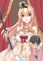 Rule 34 | 1girl, blonde hair, blue eyes, bow, braid, breasts, cleavage, crown, curtains, dress, flower, french braid, globus cruciger, hair between eyes, holding, jewelry, kantai collection, long hair, mini crown, mitsuyo (mituyo324), necklace, off-shoulder dress, off shoulder, open mouth, red flower, red rose, rose, scepter, solo, warspite (kancolle)