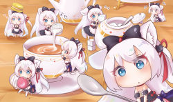 Rule 34 | +++, 1girl, 6+girls, :&lt;, :3, absurdres, animal ears, azur lane, black bow, blue eyes, bow, cat hair ornament, chibi, clone, cup, drooling, eating, eyes visible through hair, flying sweatdrops, food, food on face, food on head, hair bow, hair ornament, hair ribbon, hammann (azur lane), heart, heart-shaped pupils, highres, indoors, long hair, looking at viewer, macaron, mini person, minigirl, multiple girls, musical note, nut megu, object on head, open mouth, pantyhose, pouring, remodel (azur lane), ribbon, saucer, sitting, sparkle, sparkling eyes, spoon, sugar cube, symbol-shaped pupils, teacup, teapot, triangle mouth, white hair, white pantyhose