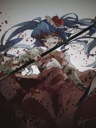 Rule 34 | 1girl, blood, blood on clothes, blood on face, blood splatter, blue eyes, blue hair, finsuess, flower, gradient background, hat, highres, holding, long hair, pink ribbon, red flower, red rose, ribbon, rose, solo, spoilers, twintails, umineko no naku koro ni