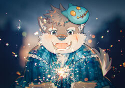 Rule 34 | 1boy, animal ear fluff, animal ears, blurry, blurry background, blush, bokeh, brown fur, brown hair, character mask, chest tuft, daisukebear, depth of field, devil (housamo), dog boy, dog ears, dog tail, eyebrow cut, facial scar, fireworks, forked eyebrows, furry, furry male, holding, holding fireworks, jinbei (clothes), male focus, mask, mask on head, moritaka (housamo), notched ear, open mouth, scar, scar on cheek, scar on face, scar on nose, short hair, smile, solo, sparkle, sparkler, tail, thick eyebrows, tokyo houkago summoners, two-tone fur, upper body