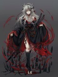 Rule 34 | 1girl, alternate costume, animal ears, arknights, black legwear, black nails, blood, choker, facial mark, full body, gradient background, grey background, grey eyes, hair ornament, hair ribbon, hairclip, highres, lappland (arknights), long hair, looking at viewer, material growth, messy hair, nail polish, nga (ray ray), originium (arknights), oripathy lesion (arknights), red choker, ribbon, sarashi, silver hair, sleeves past wrists, slit pupils, smile, solo, standing, sword, tail, weapon, wolf ears, wolf girl, wolf tail