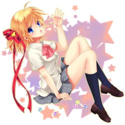 Rule 34 | 1girl, blonde hair, blue eyes, bow, kamikita komari, little busters!, marble (toy), nfr, pink bow, ribbon, school uniform, short hair, solo, twintails