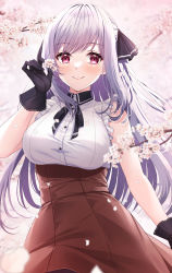 Rule 34 | 1girl, black gloves, branch, breasts, closed mouth, gloves, grey hair, hand up, high-waist skirt, highres, long hair, looking at viewer, medium breasts, original, petals, primamiya, red eyes, skirt, sleeveless, smile, solo, upper body