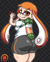 Rule 34 | 1girl, ass, breasts, curvy, domino mask, from behind, grin, hand on own arm, huge ass, inkling player character, lollipopcon, looking back, mask, medium breasts, nintendo, one eye closed, orange eyes, orange hair, patreon, plump, pointy ears, shorts, small breasts, smile, solo, splatoon (series), tentacle hair