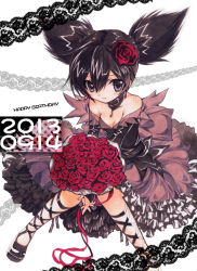 Rule 34 | 1girl, black dress, black eyes, black footwear, black hair, bouquet, breasts, cleavage, closed mouth, commentary request, dated, dress, earrings, flower, foot out of frame, gothic lolita, hair between eyes, hair flower, hair ornament, happy birthday, holding, holding bouquet, jakushou archer, jewelry, kurumi nui, lace, lace background, lolita fashion, looking at viewer, necklace, onegai my melody, pointy hair, red flower, rose, sanrio, shoes, short hair, small breasts, smile, solo, strapless, strapless dress, white background