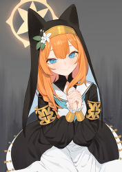 Rule 34 | 1girl, absurdres, animal ear headwear, armband, beijuu, blue archive, blue eyes, closed mouth, eyebrows hidden by hair, fake animal ears, flower, habit, halo, highres, interlocked fingers, long hair, long sleeves, looking at viewer, mari (blue archive), nun, orange hair, own hands clasped, own hands together, puffy sleeves, sailor collar, smile, solo