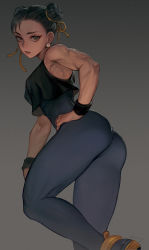 Rule 34 | 1girl, adapted costume, artist name, ass, asymmetrical hair, black hair, black tank top, blue bodysuit, bodysuit, breasts, capcom, chun-li, commentary, cowboy shot, crop top, crop top overhang, double bun, expressionless, eyelashes, grey background, hair bun, hair ribbon, hand on own hip, highres, lips, looking at viewer, looking back, medium breasts, morry, muscular, muscular female, ribbon, short hair, signature, simple background, skin tight, sleeveless, solo, standing, street fighter, sweatband, symbol-only commentary, tank top, thick thighs, thighs, wristband, yellow eyes, yellow ribbon