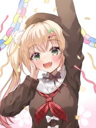 Rule 34 | 1girl, arm up, beret, blonde hair, blush, bow, brown hat, brown ribbon, brown sweater, confetti, fang, frilled ribbon, frills, gradient hair, green bow, green eyes, hair bow, hat, highres, hololive, keesuke (kkosyoku), long hair, momosuzu nene, momosuzu nene (casual), multicolored hair, neck ribbon, neckerchief, open mouth, pink bow, pink hair, plaid neckerchief, red neckerchief, ribbon, sailor collar, side ponytail, skin fang, solo, sweater, upper body, virtual youtuber, white bow, white sailor collar