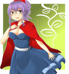 Rule 34 | 1girl, breasts, brown eyes, cape, cleavage, dress, fairy tail, glasses, green background, laki olietta, long hair, looking at viewer, open mouth, ponytail, purple hair, ribbon, solo