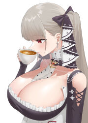 Rule 34 | 1girl, absurdres, azur lane, bare shoulders, between breasts, black dress, breasts, cleavage, coffee, cup, dress, earrings, formidable (azur lane), frilled dress, frills, from side, grey hair, highres, holding, holding cup, huge breasts, jewelry, long hair, necktie, necktie between breasts, red eyes, simple background, solo, twintails, two-tone dress, two-tone ribbon, upper body, very long hair, white background, white dress, yichenyan