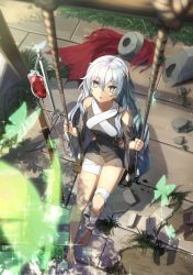 Rule 34 | 1girl, assault rifle, automatic rifle, bandaged leg, bandages, bare shoulders, barefoot, blood, blood bag, blue eyes, bug, butterfly, girls&#039; frontline, gun, highres, insect, long hair, looking up, ribeyrolles (girls&#039; frontline), ribeyrolles 1918, rifle, rubble, solo, swing, swinging, very long hair, vikpie, weapon, white hair