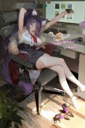 Rule 34 | 1girl, absurdres, animal ear fluff, animal ears, arm behind head, armpits, arms up, black skirt, blue eyes, breasts, cake, candle, cellphone, closed mouth, collared shirt, crossed legs, dated, desk, food, happy birthday, highres, holding, holding phone, id card, indoors, keyboard (computer), lanyard, large breasts, long hair, looking at viewer, monitor, nail polish, necktie, no shoes, on chair, one eye closed, original, parted bangs, phone, plant, ponytail, purple hair, purple nails, red necktie, ribao, shirt, shoes, unworn shoes, signature, sitting, skirt, sleeveless, sleeveless shirt, smartphone, solo, stretching, thighhighs, very long hair, white shirt, white thighhighs