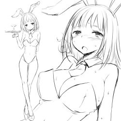 Rule 34 | 1girl, arm behind back, blush, breasts, detached collar, greyscale, heavy breathing, large breasts, leotard, lineart, looking at viewer, monochrome, playboy bunny, short hair, simple background, sweat, white background, zaxwu