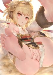 Rule 34 | 1girl, :o, andira (granblue fantasy), animal ears, aos, barefoot, blonde hair, breasts, covering privates, covering crotch, erune, feet, foot focus, foreshortening, granblue fantasy, highres, looking at viewer, monkey ears, red eyes, short hair, sideboob, small breasts, soles, solo