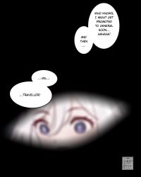 Rule 34 | 1girl, black eyes, blurry, commentary, depth of field, english commentary, english text, genshin impact, highres, paimon (genshin impact), pov, sapphrixrain, waking up, white hair