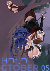 Rule 34 | 1girl, absurdres, arrow (projectile), ass, blue eyes, blue hair, breasts, cleavage, dated, elf, grass, hair intakes, hanging from tree, hanging on tree, highres, hololive, hololive english, koizumi arata, night, ouro kronii, pointy ears, quiver, solo, thighhighs, tree, upside-down, virtual youtuber