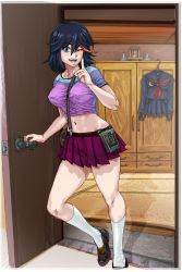 Rule 34 | 10s, 1girl, absurdres, between breasts, black hair, blue eyes, breasts, cabinet, casual, crop top, covered erect nipples, fanny pack, finger to face, streaked hair, highres, kill la kill, kneehighs, large breasts, looking at viewer, making-of available, matoi ryuuko, md5 mismatch, midriff, miniskirt, multicolored hair, nanba tamashii, navel, one eye closed, open mouth, senketsu, short hair, skirt, smile, socks, solo, strap between breasts, streaked hair, suspenders, symbol-shaped pupils, walkman, wink