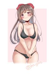 Rule 34 | 1girl, absurdres, bikini, black bikini, blush, bow, breasts, brown hair, chiaki (haigore), closed mouth, gradient background, hair bow, hair ornament, hair ribbon, highres, kantai collection, large breasts, long hair, looking at viewer, mamiya (kancolle), navel, one-hour drawing challenge, ponytail, ribbon, solo, swimsuit