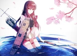 Rule 34 | 10s, 1girl, akagi (kancolle), arrow (projectile), bow (weapon), brown eyes, brown hair, cherry blossoms, flight deck, gloves, highres, japanese clothes, kantai collection, long hair, muneate, partially fingerless gloves, partly fingerless gloves, quiver, shuukenyuu, smile, solo, tasuki, thighhighs, weapon, yugake