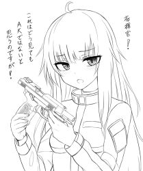 Rule 34 | 1girl, ahoge, ak74m (girls&#039; frontline), blush, character request, check character, girls&#039; frontline, greyscale, gun, highres, holding, holding gun, holding weapon, jacket, long hair, long sleeves, looking at viewer, monochrome, open mouth, simple background, solo, translation request, upper body, very long hair, weapon, white background, yakob labo