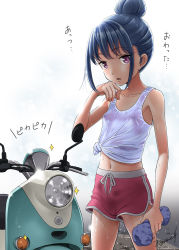 Rule 34 | 1girl, arm up, bare shoulders, blue hair, breasts, covered erect nipples, dolphin shorts, hair bun, hand on own face, highres, hot, long hair, malcorond, midriff, motor vehicle, navel, nipples, open mouth, purple eyes, red shorts, scooter, see-through, shima rin, short shorts, shorts, simple background, single hair bun, small breasts, solo, sweat, translated, vest, wet, wet clothes, wet vest, white background, white vest, yamaha vino, yurucamp