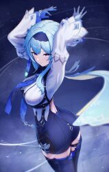 Rule 34 | 1girl, absurdres, aimo wotku, arms up, ass, black hairband, blue cape, blue gloves, blue hair, blue necktie, boots, breasts, cape, chest harness, cowboy shot, crossed legs, dark background, eula (genshin impact), from above, genshin impact, gloves, hairband, hands up, harness, high-waist shorts, highres, large breasts, long sleeves, looking at viewer, looking back, medium hair, multicolored eyes, necktie, parted lips, purple eyes, shorts, sidelocks, solo, standing, thigh boots, white sleeves, wide sleeves, yellow eyes
