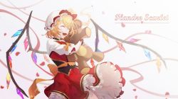 Rule 34 | 1girl, animal ears, arms up, back bow, bad id, bad pixiv id, bear ears, belt, blonde hair, bow, character name, closed eyes, crystal, dress, erchongbaojun, fang, fangs, flandre scarlet, frills, gradient background, grey background, hair between eyes, hands up, hat, hat bow, hug, jewelry, light, mob cap, multicolored wings, one side up, open mouth, orange belt, orange bow, petals, puffy short sleeves, puffy sleeves, red bow, red dress, shirt, short hair, short sleeves, smile, solo, standing, stuffed animal, stuffed toy, teddy bear, tongue, touhou, toy, white background, white hat, white shirt, wings, wrist cuffs