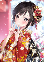 1girl black_eyes blurry blurry_background blush brown_eyes flower hair_between_eyes hair_flower hair_ornament hands_up head_tilt highres japanese_clothes kimono looking_at_viewer looking_to_the_side new_year obi original sash shrine smile snow yugaa