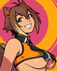 Rule 34 | 1girl, akairiot, animal ears, antenna hair, blazblue, breasts, brown eyes, brown hair, commentary, crop top, english commentary, grin, hair between eyes, highres, large breasts, looking at viewer, makoto nanaya, multicolored hair, short hair, simple background, smile, solo, squirrel ears, squirrel tail, streaked hair, sweat, tail, two-tone background, underboob, upper body