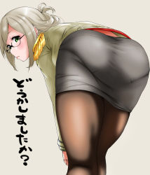 Rule 34 | 1girl, ass, black skirt, blush, closed mouth, epaulettes, glasses, green eyes, grey background, grey hair, highres, jacket, kantai collection, katori (kancolle), leaning forward, long hair, looking at viewer, military, military uniform, miniskirt, naval uniform, pantyhose, pantylines, ponytail, simple background, skirt, solo, tama (tamago), thighs, uniform