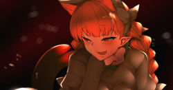 Rule 34 | 1girl, absurdres, animal ears, bottomless, bow, braid, cat ears, cat tail, cropped, dress, extra ears, fangs, hair bow, half-closed eyes, heart, highres, kaenbyou rin, looking back, mizuga, motion blur, multiple tails, nekomata, pointy ears, red eyes, red hair, skin fangs, slit pupils, solo, tail, touhou, twin braids