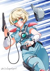 Rule 34 | 1girl, akai koudan zillion, alternate costume, aqua bodysuit, baseball cap, blue background, blue eyes, blue hat, bracer, breasts, cleavage, cleavage cutout, closed mouth, clothing cutout, commentary request, energy gun, frown, girls und panzer, grey hair, gun, hat, headset, highres, holding, holding gun, holding weapon, holster, inoue yoshihisa, knee pads, looking at viewer, medium breasts, partial commentary, science fiction, scouter, short hair, short sleeves, shoulder pads, solo, standing, thigh holster, unworn headwear, weapon, youko (girls und panzer)