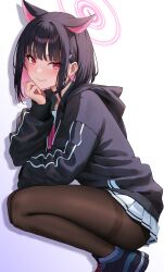 Rule 34 | 1girl, absurdres, animal ears, black choker, black hair, black jacket, black pantyhose, blue archive, blush, cat ears, cat girl, choker, closed mouth, colored inner hair, commentary request, extra ears, from side, hair ornament, hairclip, halo, head rest, highres, hirahiragi (h1rqg1), hood, hooded jacket, jacket, kazusa (blue archive), long sleeves, looking at viewer, multicolored hair, neckerchief, pantyhose, pink eyes, pink hair, pink halo, pink neckerchief, pleated skirt, puffy long sleeves, puffy sleeves, short hair, simple background, skirt, smile, solo, squatting, thighband pantyhose, white background, white skirt