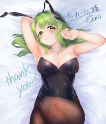 Rule 34 | 1girl, animal ears, arm behind head, armpits, black pantyhose, blush, breasts, cleavage, collarbone, commission, festa11307070, green eyes, green hair, hairband, highres, jewelry, large breasts, leotard, licking lips, looking at viewer, lying, morinaka kazaki, necklace, nijisanji, on back, on bed, pantyhose, playboy bunny, rabbit ears, signature, simple background, skeb commission, solo, thank you, tongue, tongue out, virtual youtuber