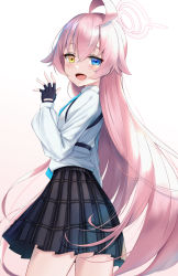 Rule 34 | 1girl, absurdres, ahoge, blue archive, blush, fang, fingerless gloves, gloves, hair between eyes, halo, heterochromia, highres, hoshino (blue archive), looking at viewer, looking back, necktie, open mouth, rama (yu-light8), school uniform, simple background, solo, white background