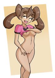 Rule 34 | 1girl, bottomless, breasts, brown hair, clothes lift, creatures (company), game freak, green eyes, highres, long hair, medium breasts, nintendo, nipples, open mouth, pokemon, pokemon xy, pussy, santystuff, shauna (pokemon), shirt, shirt lift, smile, solo, standing, uncensored