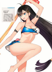 Rule 34 | 1girl, :d, ahoge, arm up, armlet, bandeau, barefoot, bikini, bikini skirt, black hair, blade arcus from shining, blue eyes, breasts, cleavage, convenient leg, flower, hair ornament, hairclip, halterneck, highres, large breasts, leg lift, long hair, low-tied long hair, non-web source, open mouth, pairon, scan, shining (series), simple background, smile, solo, standing, standing on one leg, strap gap, swimsuit, tony taka, towel, underboob, very long hair, white background