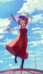 Rule 34 | 1girl, :d, absurdres, adjusting clothes, adjusting headwear, alternate eye color, aqua eyes, arm up, balancing, bird, black bow, black bowtie, black footwear, black pantyhose, black ribbon, blouse, blue gemstone, blue sky, bob cut, boots, bow, bowtie, cloud, cloudy sky, commentary, dark-skinned female, dark skin, day, dress, earrings, eiffel tower, floating hair, france, full body, fushigi no umi no nadia, gem, hair ornament, hairclip, hat, hat ribbon, highres, hoop earrings, jewelry, litimo, long sleeves, nadia la arwall, neck ribbon, necklace, on railing, open mouth, outdoors, outstretched arm, pantyhose, paris, pendant, pinafore dress, railing, red dress, red ribbon, ribbon, shirt, short hair, sky, sleeveless, sleeveless dress, smile, standing, standing on one leg, sun hat, teeth, upper teeth only, white headwear, white shirt