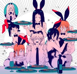 Rule 34 | 2boys, 5girls, alternate costume, angel devil (chainsaw man), animal ears, ass, bags under eyes, bare back, bare shoulders, black eyes, black hair, black necktie, blush, bow, bowtie, braid, braided ponytail, breast rest, breasts, breasts on head, brown hair, business suit, chainsaw man, cleavage, closed eyes, collared shirt, crossdressing, demon boy, demon girl, demon horns, denji (chainsaw man), fake animal ears, fishnets, food, formal, hair between eyes, hair bun, harem, hetero, higashiyama kobeni, horns, kanitumuri, large breasts, leotard, light smile, long hair, looking at another, makima (chainsaw man), medium breasts, medium hair, mole, mole on cheek, mole under eye, mole under mouth, multiple boys, multiple girls, multiple moles, necktie, plate, playboy bunny, power (chainsaw man), rabbit, rabbit ears, rabbit tail, reze (chainsaw man), ringed eyes, saliva, santa claus (chainsaw man), shirt, short hair, single hair bun, sleeves rolled up, smile, suit, sweat, tail, tongue, tongue out, trap, white shirt, yellow eyes