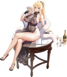 Rule 34 | 1girl, ahoge, arm support, barbariana (last origin), black gloves, blonde hair, bottle, cup, dress, drinking glass, feather boa, folding fan, gloves, green eyes, halter dress, halterneck, hand fan, hand up, high heels, highleg, highleg panties, highres, holding, holding fan, last origin, long hair, looking at viewer, nail polish, official art, on table, panties, parted lips, ponytail, side slit, simple background, sitting, smile, solo, table, taesi, toeless footwear, transparent background, underwear, wine bottle, wine glass, wooden table