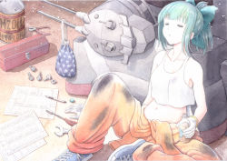 Rule 34 | 1girl, bolt, bottle, bottle cap, cannon, collarbone, crop top, closed eyes, grey hair, holding, holding bottle, jumpsuit, kantai collection, long hair, mechanical pencil, midriff, navel, nijiboushi, nut (hardware), orange jumpsuit, painting (medium), paper, pencil, pliers, ponytail, rigging, screw, screwdriver, shoes, sitting, sleeping, sleeping upright, sneakers, tank top, toolbox, tools, traditional media, turret, water bottle, watercolor (medium), white tank top, wrench, yuubari (kancolle)