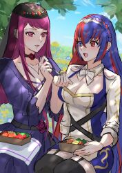 Rule 34 | 2girls, alear (female) (fire emblem), alear (fire emblem), alternate costume, bento, black choker, blue eyes, blue hair, braid, breasts, choker, cleavage, commentary request, crossed bangs, crown braid, dress, feeding, female focus, fire emblem, fire emblem engage, garter straps, heterochromia, highres, holding bento, ivy (fire emblem), jewelry, long hair, looking at another, matching hair/eyes, meadow, medium breasts, mole, mole under mouth, multicolored hair, multiple girls, necklace, nintendo, official alternate costume, open mouth, photoshop (medium), purple dress, purple eyes, purple hair, red eyes, red hair, sitting, smile, snow20200, split-color hair, thighhighs, tiara, unfinished, very long hair, yuri
